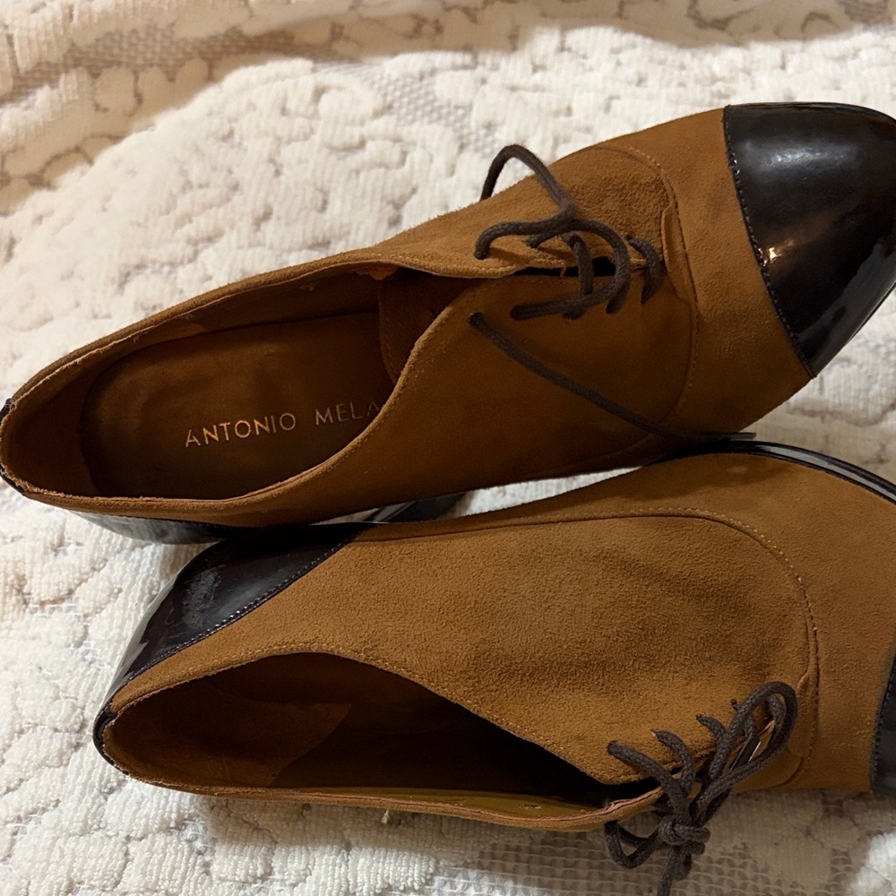 ANTONIO MELANI Men's Brown Suede Oxfords with Black Cap Toe